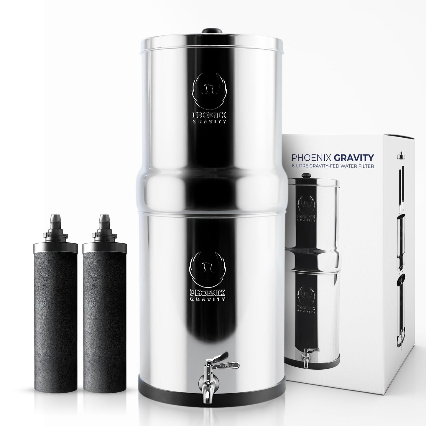 PHOENIX GRAVITY 6-Litre NSF Certified AISI 304 Stainless Steel Countertop Water Filter System with 2 Smart (Black) Carbon Filter Elements & Free Stainless Steel Water Tap (6 L)