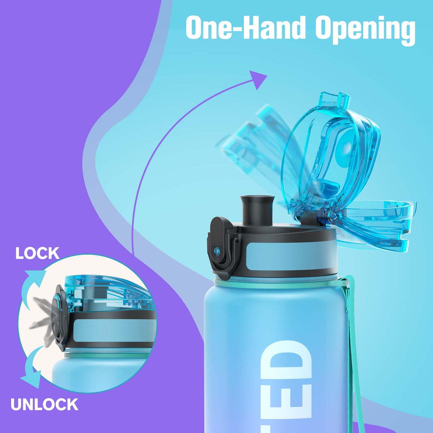 Sahara Sailor Leakproof Water Bottle 1L/500ML/750ML, Tritan BPA Free Motivational Sport Drinks Bottle with Clear Time Marker, Lock Cover, Easy Clean Brush, Durable for Gym, School, Cycling (1 Bottle)