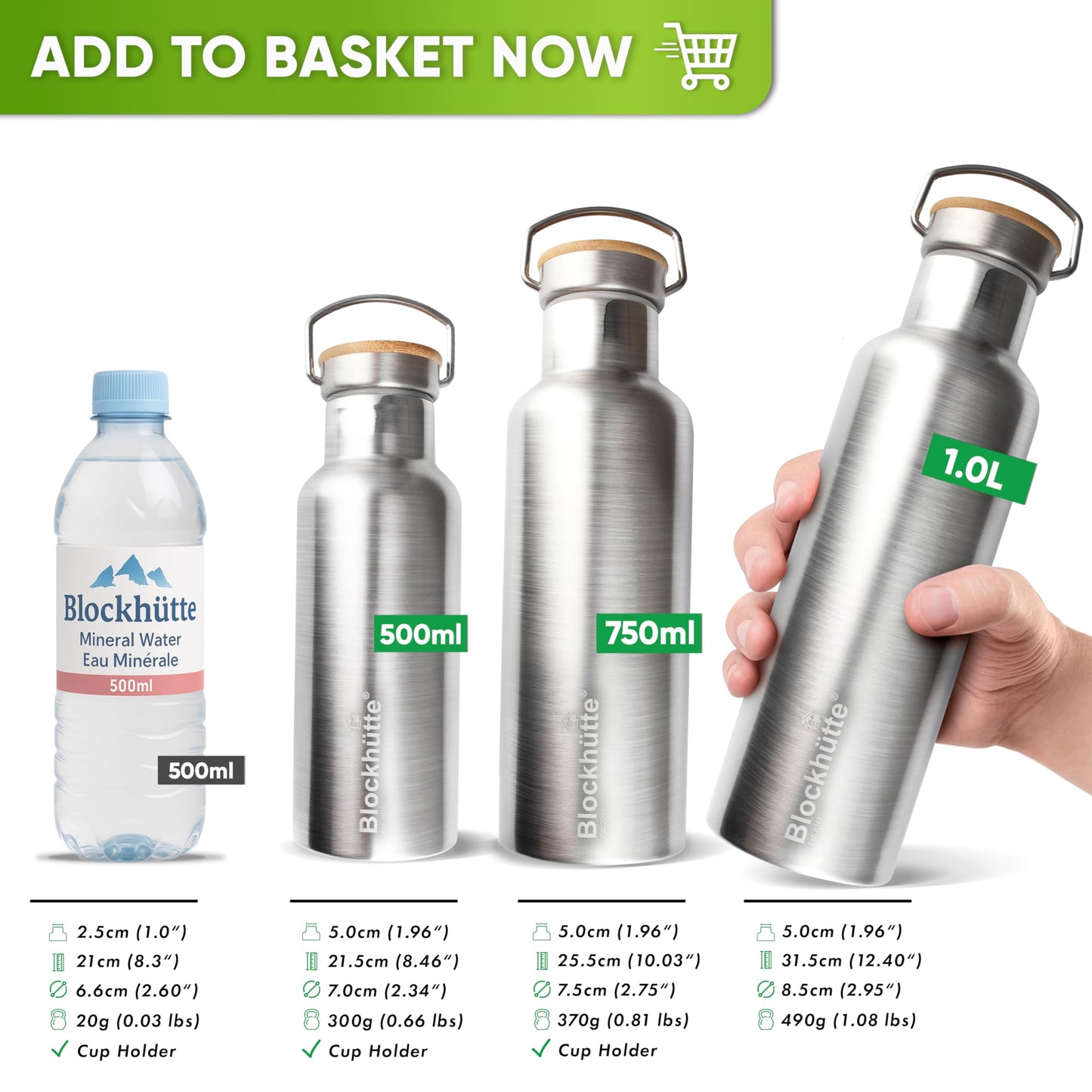 Blockhütte Stainless Steel Water Bottle I 750ml I Insulated Metal Flask, BPA Free, Leakproof, Dishwasher Safe, Ideal for Gym, Travel, Cold Drinks, Reusable, with Natural Cleaning Brush