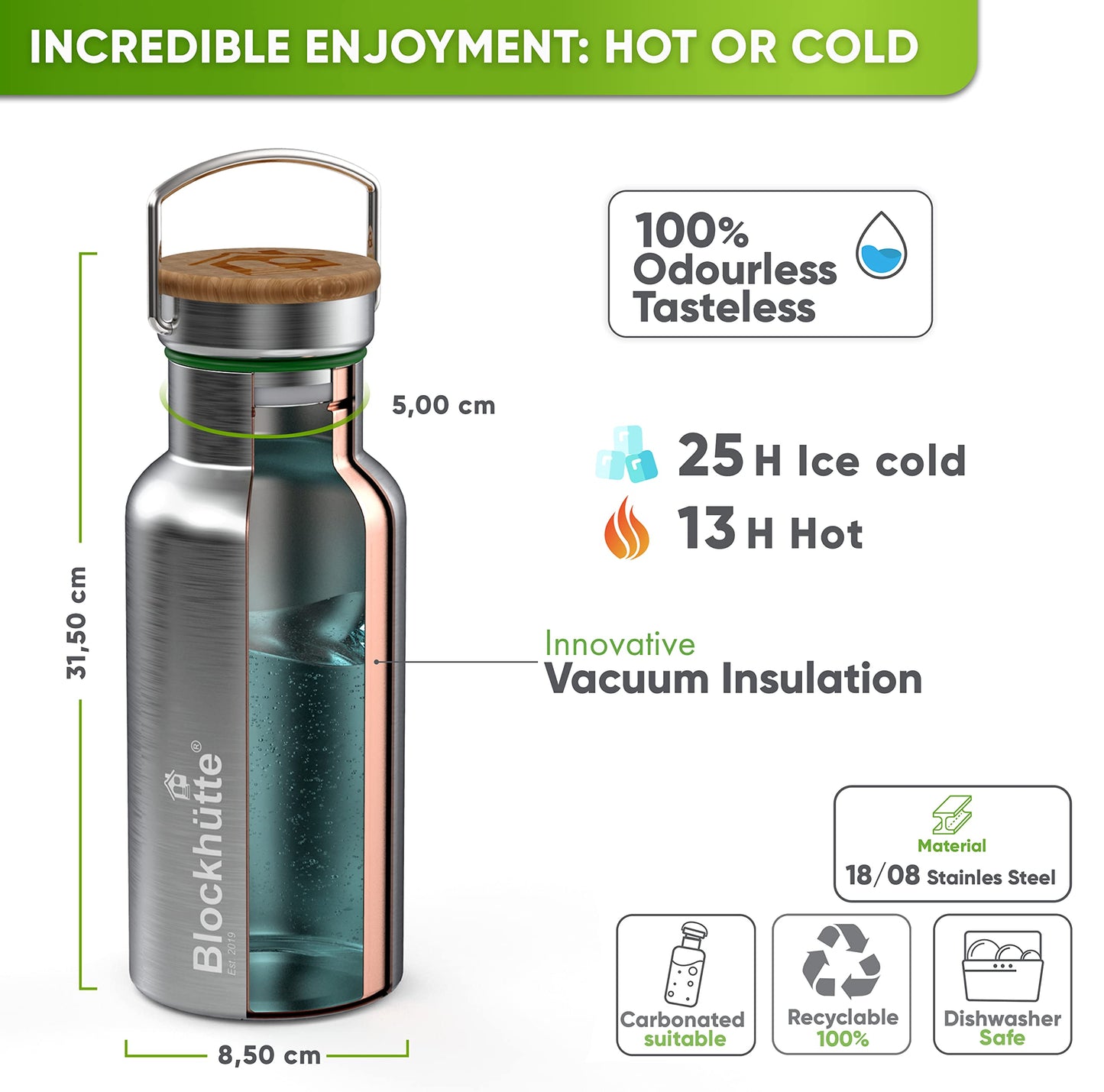Blockhütte Stainless Steel Water Bottle I 750ml I Insulated Metal Flask, BPA Free, Leakproof, Dishwasher Safe, Ideal for Gym, Travel, Cold Drinks, Reusable, with Natural Cleaning Brush