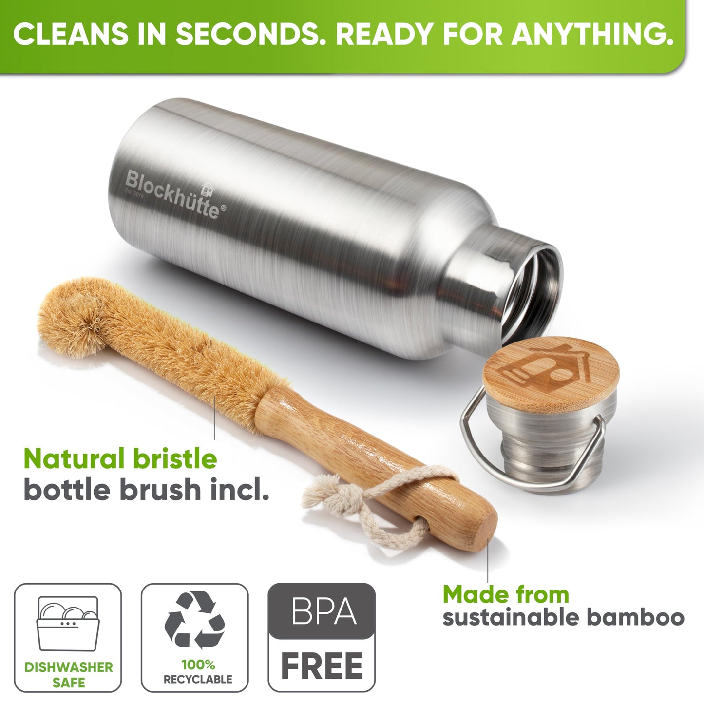 Blockhütte Stainless Steel Water Bottle I 750ml I Insulated Metal Flask, BPA Free, Leakproof, Dishwasher Safe, Ideal for Gym, Travel, Cold Drinks, Reusable, with Natural Cleaning Brush