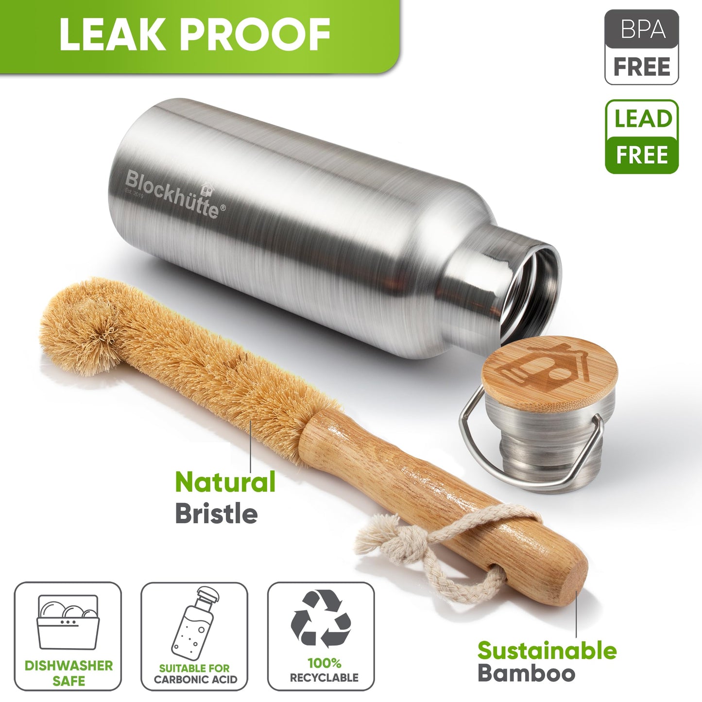 Blockhütte Stainless Steel Water Bottle I 750ml I Insulated Metal Flask, BPA Free, Leakproof, Dishwasher Safe, Ideal for Gym, Travel, Cold Drinks, Reusable, with Natural Cleaning Brush
