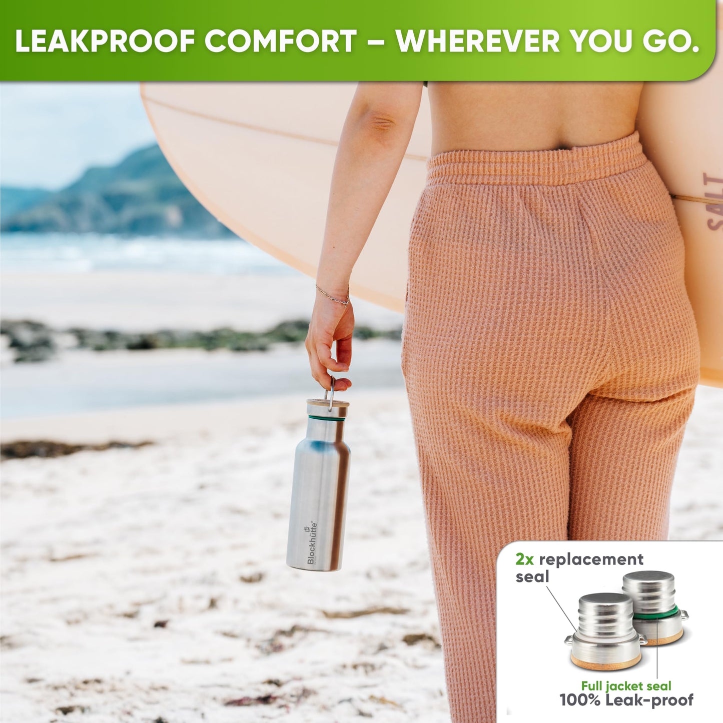 Blockhütte Stainless Steel Water Bottle I 750ml I Insulated Metal Flask, BPA Free, Leakproof, Dishwasher Safe, Ideal for Gym, Travel, Cold Drinks, Reusable, with Natural Cleaning Brush