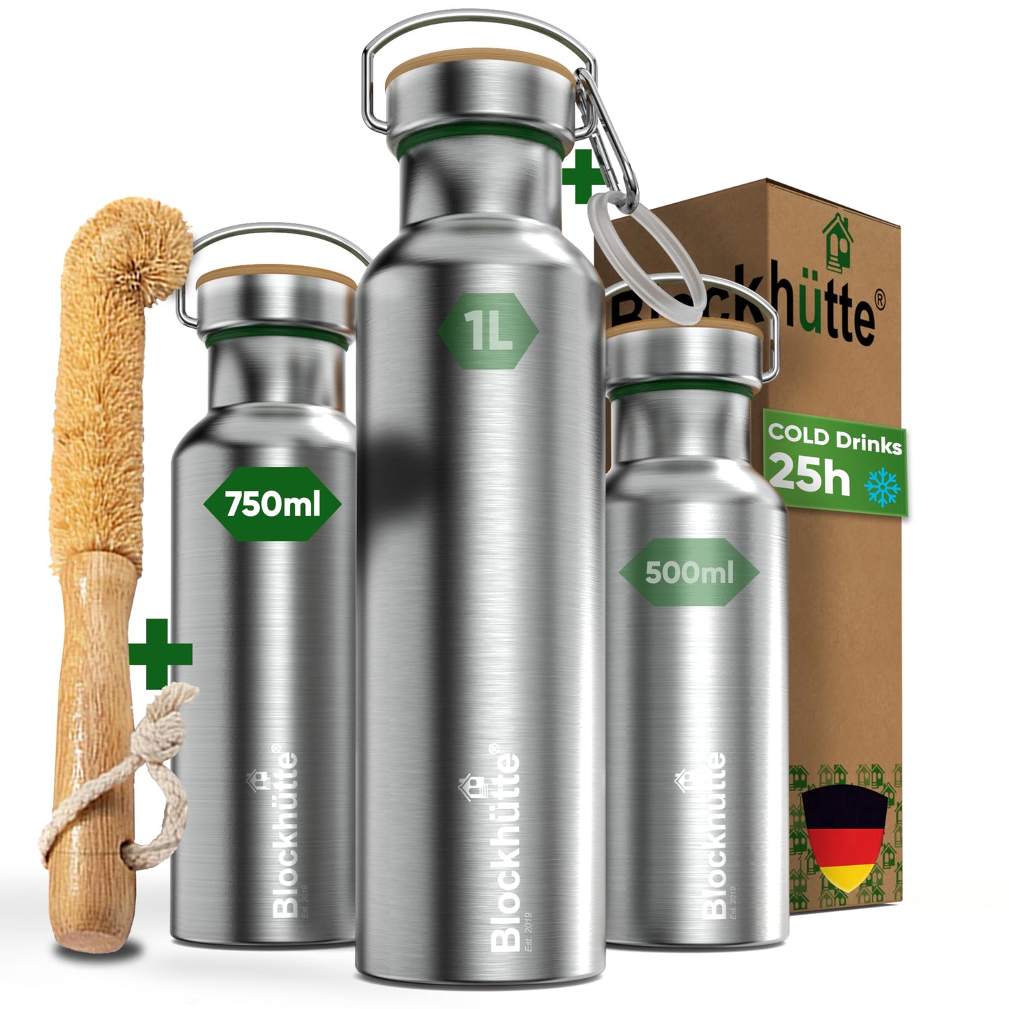 Blockhütte Stainless Steel Water Bottle I 750ml I Insulated Metal Flask, BPA Free, Leakproof, Dishwasher Safe, Ideal for Gym, Travel, Cold Drinks, Reusable, with Natural Cleaning Brush