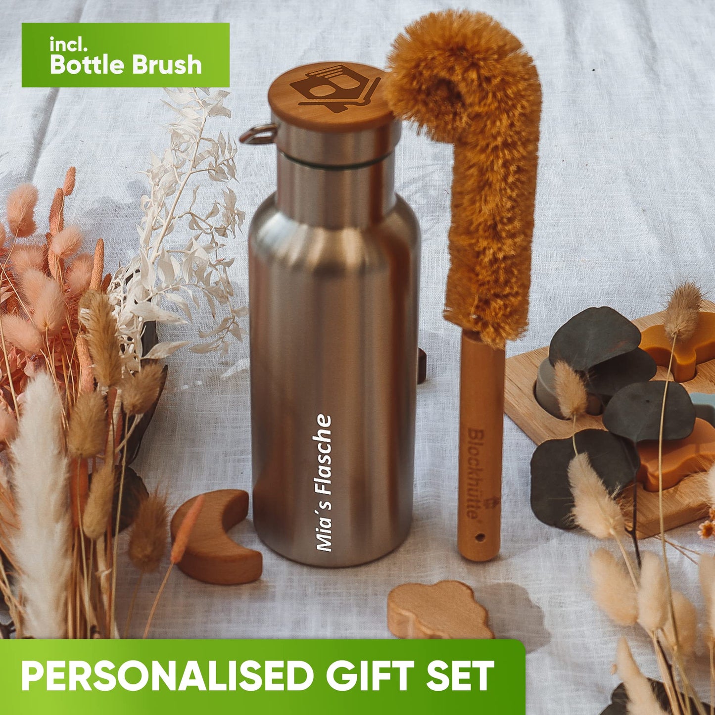 Blockhütte Stainless Steel Water Bottle I 750ml I Insulated Metal Flask, BPA Free, Leakproof, Dishwasher Safe, Ideal for Gym, Travel, Cold Drinks, Reusable, with Natural Cleaning Brush