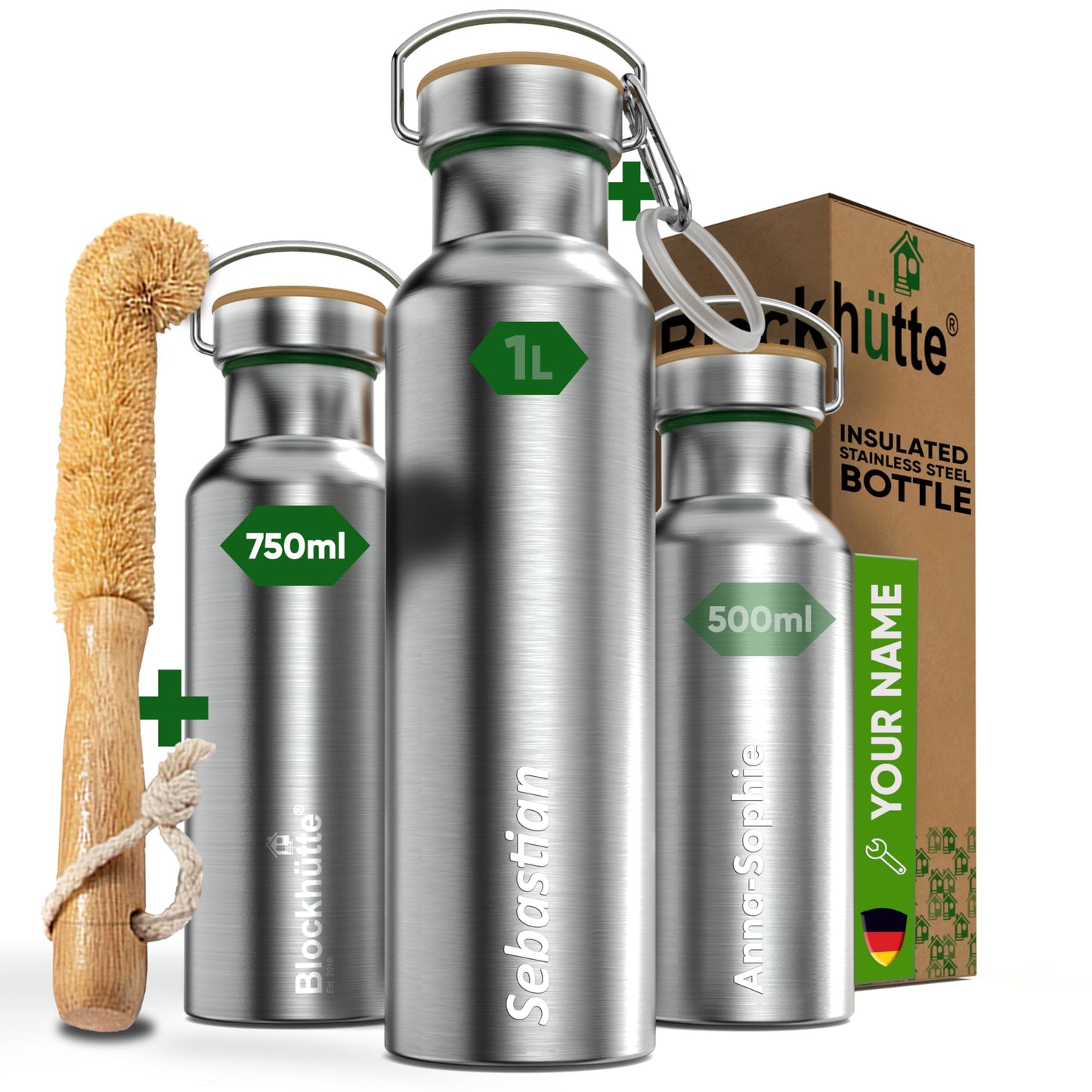 Blockhütte Stainless Steel Water Bottle I 750ml I Insulated Metal Flask, BPA Free, Leakproof, Dishwasher Safe, Ideal for Gym, Travel, Cold Drinks, Reusable, with Natural Cleaning Brush