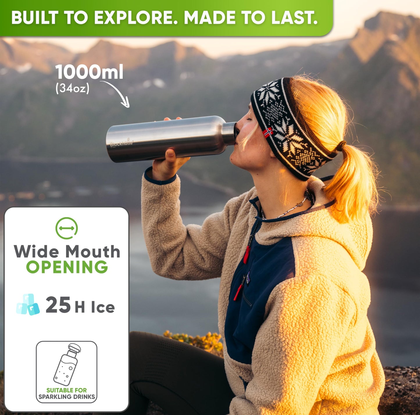 Blockhütte Stainless Steel Water Bottle I 750ml I Insulated Metal Flask, BPA Free, Leakproof, Dishwasher Safe, Ideal for Gym, Travel, Cold Drinks, Reusable, with Natural Cleaning Brush