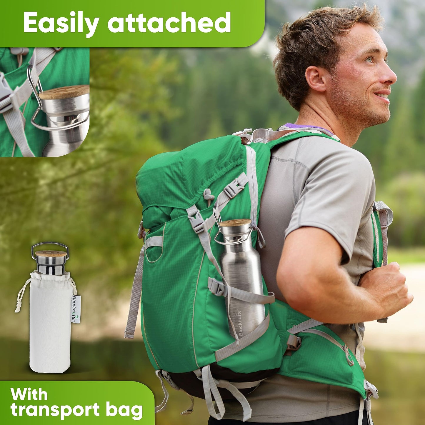 Blockhütte Stainless Steel Water Bottle I 750ml I Insulated Metal Flask, BPA Free, Leakproof, Dishwasher Safe, Ideal for Gym, Travel, Cold Drinks, Reusable, with Natural Cleaning Brush