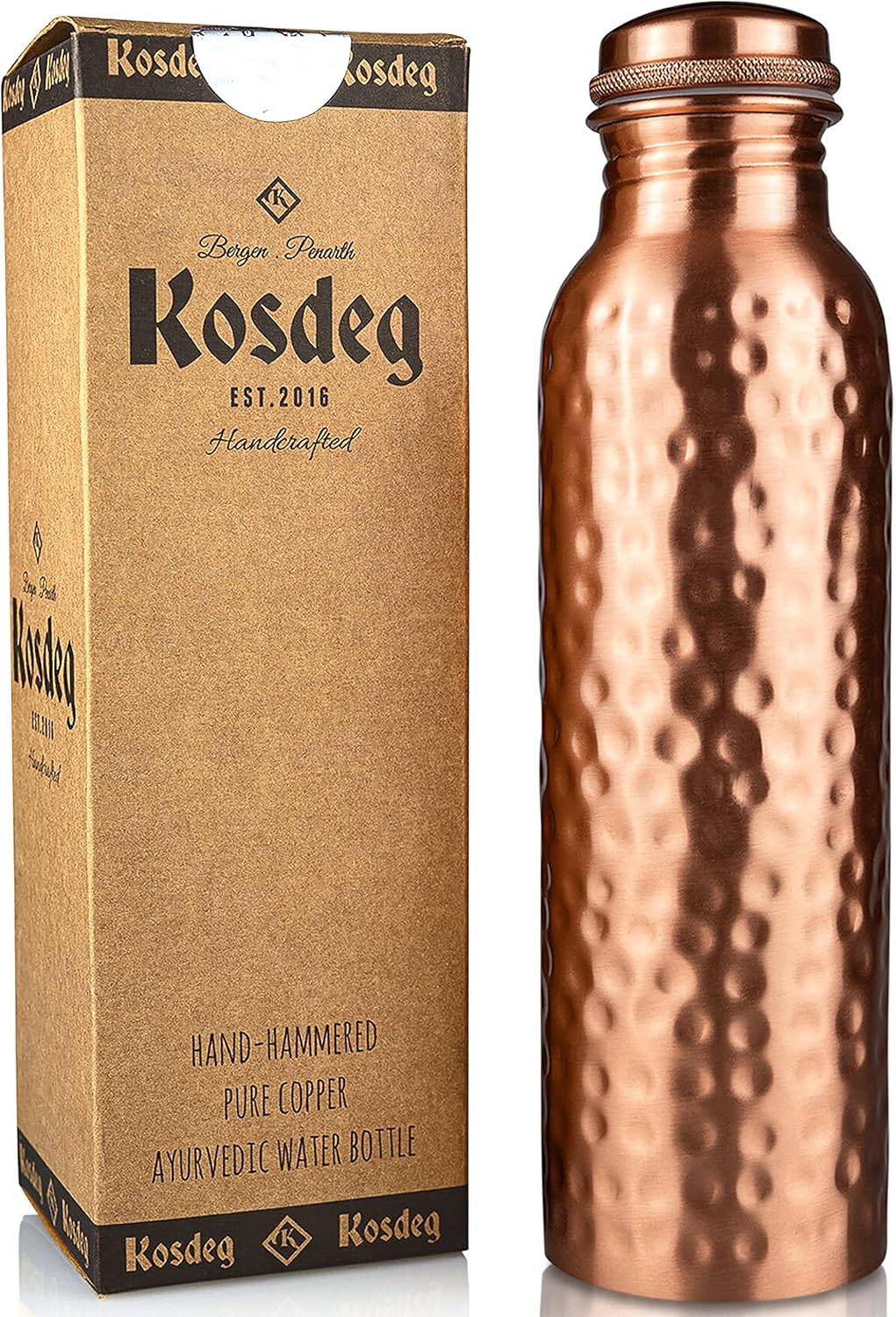 Kosdeg Hammered Copper Water Bottle 1 Liter / 34 Oz Extra Large - an Ayurvedic Pure Copper Vessel - Drink More Water, Lower Your Sugar Intake and Enjoy The Health Benefits Immediately
