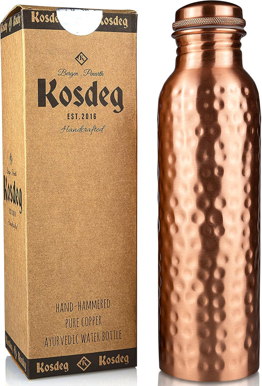 Kosdeg Hammered Copper Water Bottle 1 Liter / 34 Oz Extra Large - an Ayurvedic Pure Copper Vessel - Drink More Water, Lower Your Sugar Intake and Enjoy The Health Benefits Immediately
