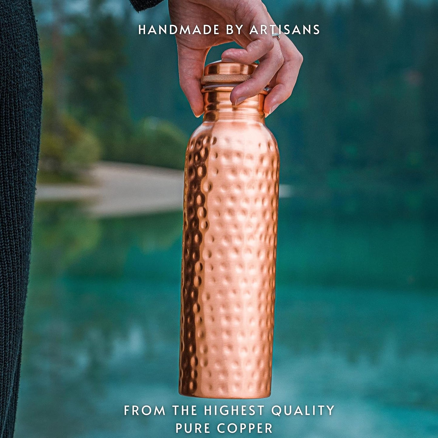 Kosdeg Hammered Copper Water Bottle 1 Liter / 34 Oz Extra Large - an Ayurvedic Pure Copper Vessel - Drink More Water, Lower Your Sugar Intake and Enjoy The Health Benefits Immediately