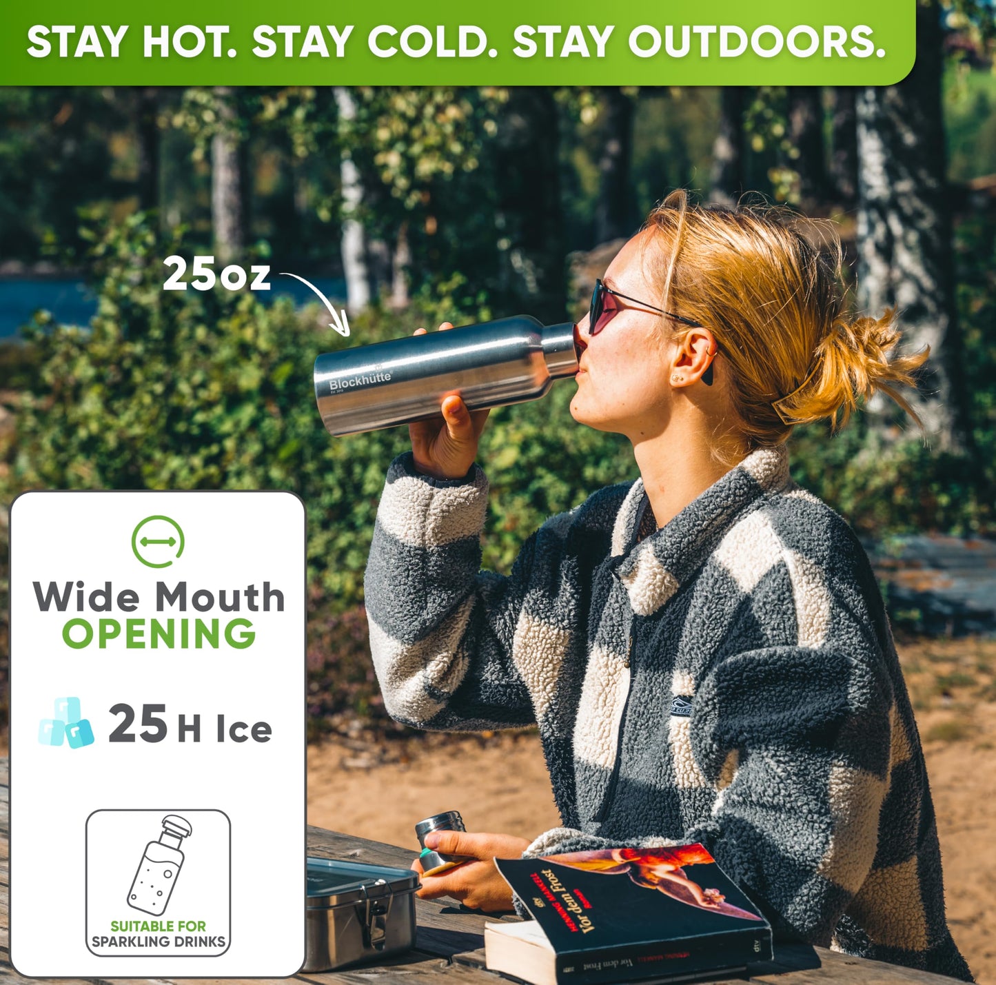 Blockhütte Stainless Steel Water Bottle I 750ml I Insulated Metal Flask, BPA Free, Leakproof, Dishwasher Safe, Ideal for Gym, Travel, Cold Drinks, Reusable, with Natural Cleaning Brush